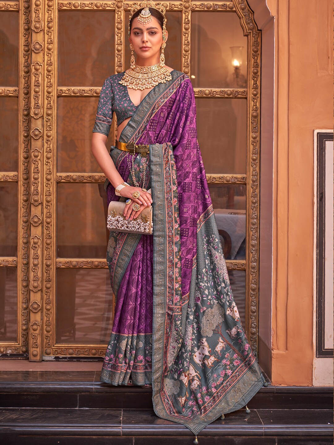 

Anouk Purple Ethnic Motifs Printed Banarasi Saree