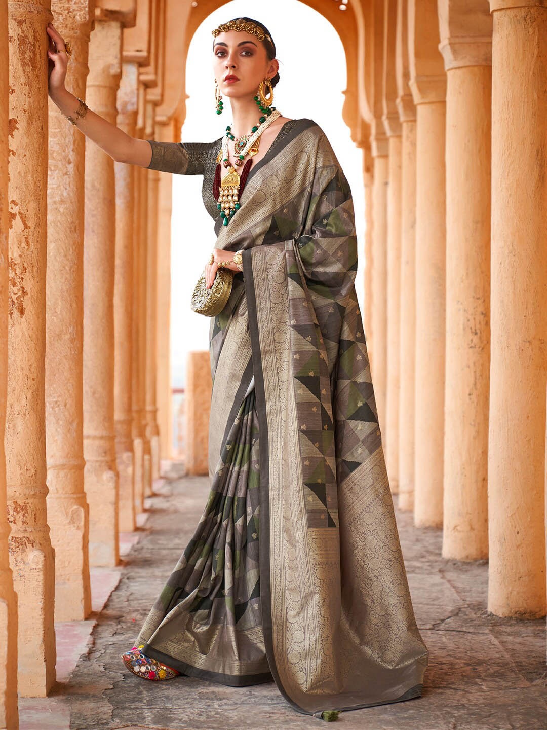 

Anouk Grey & Green Ethnic Motifs Woven Design Zari Silk Blend Banarasi Saree