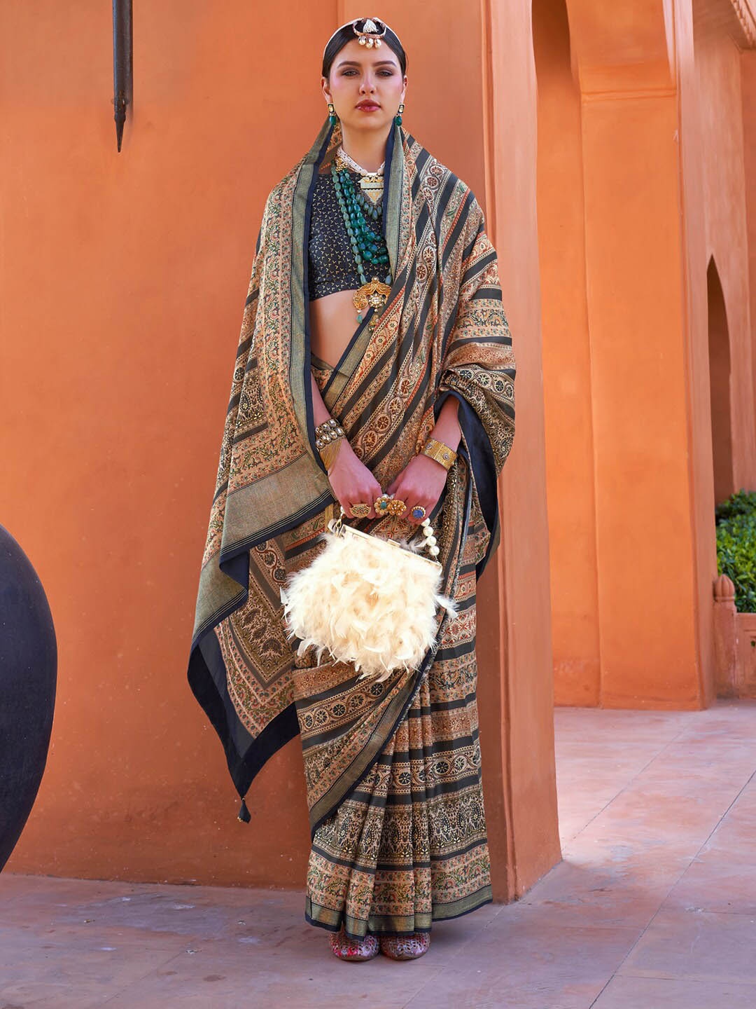 

Anouk Beige & Blue Ethnic Motifs Zari Banarasi Saree