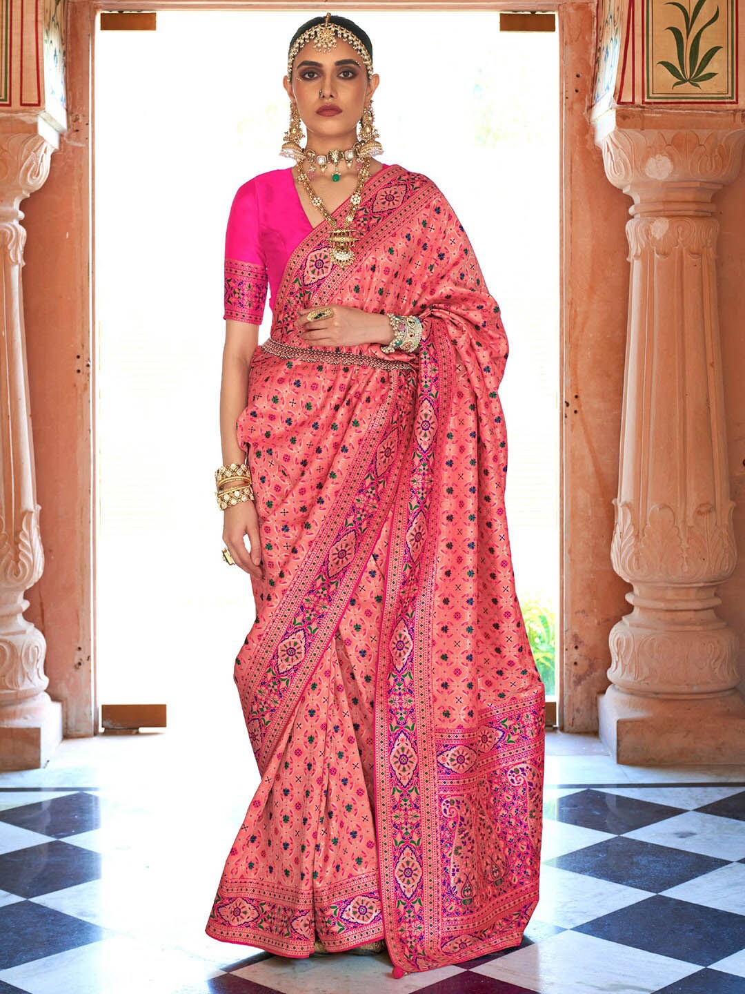 

Anouk Peach-Coloured & Green Ethnic Motifs Woven Design Zari Silk Blend Kanjeevaram Saree