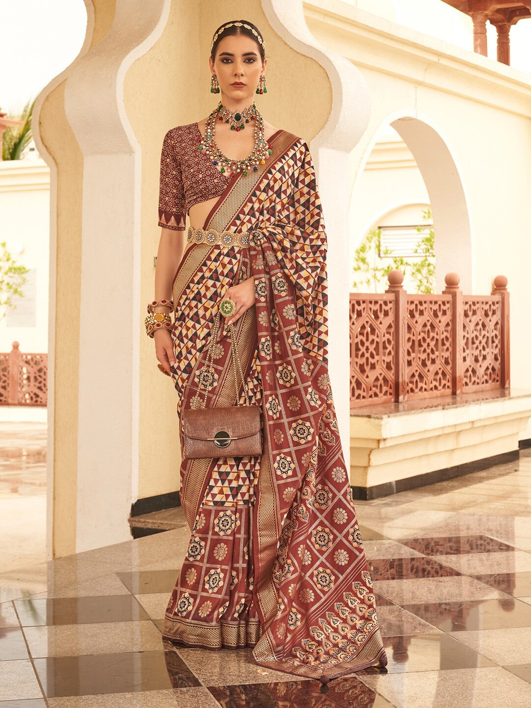 

Anouk Brown & White Geometric Printed Zari Banarasi Saree