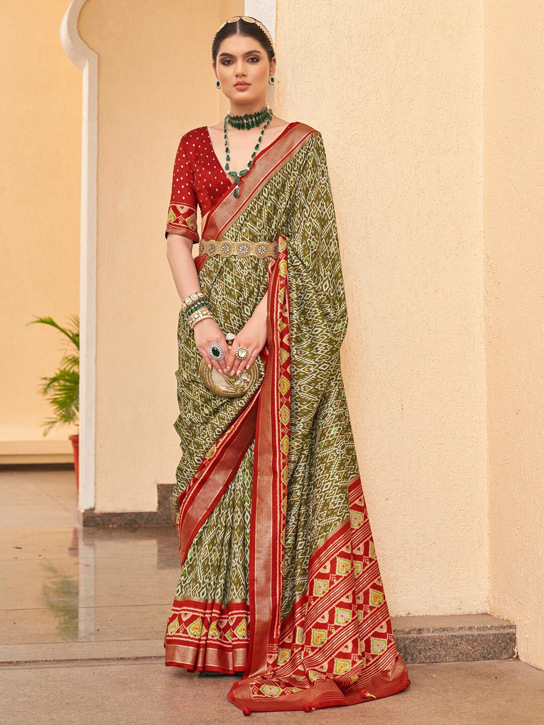 

Anouk Olive Green & Red Ethnic Motifs Printed Zari Silk Blend Patola Saree