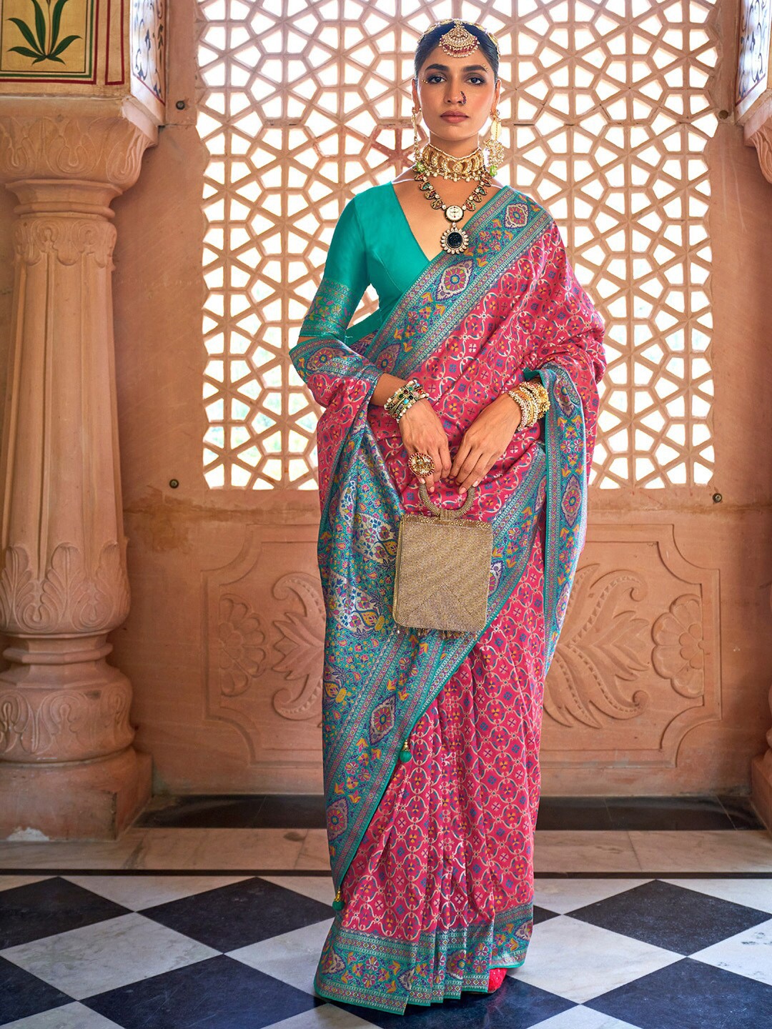 

Anouk Pink & Blue Ethnic Motifs Woven Design Zari Silk Blend Kanjeevaram Saree