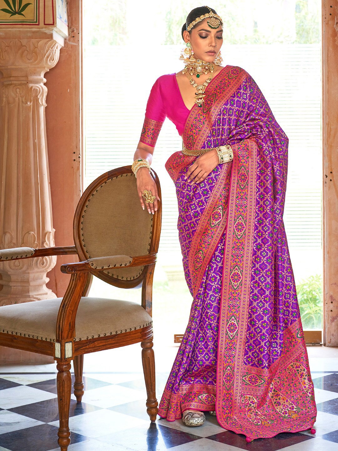 

Anouk Purple & Red Woven Design Zari Kanjeevaram Saree