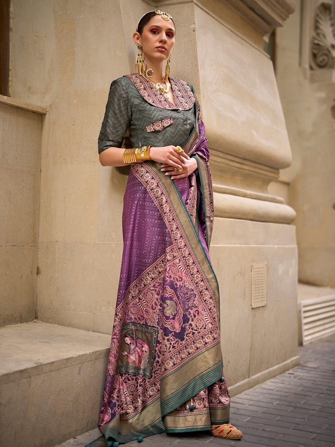 

Anouk Purple & Green Warli Woven Design Zari Banarasi Saree