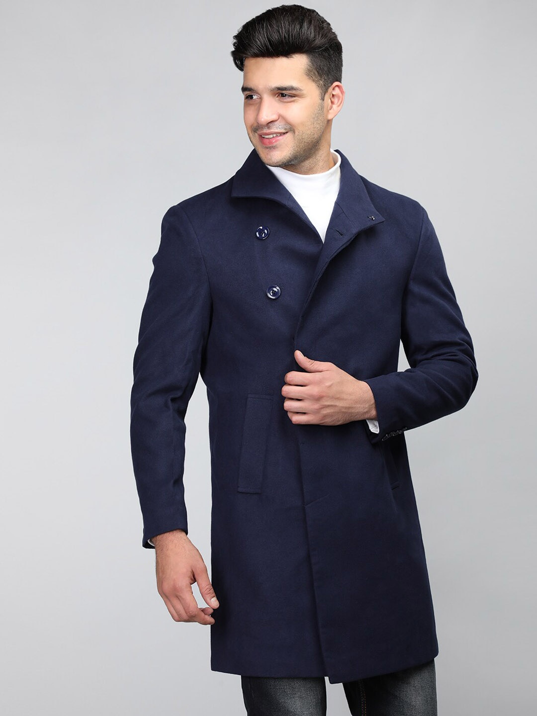 

Dlanxa Single Breasted Mock Collar Wollen Overcoat, Navy blue