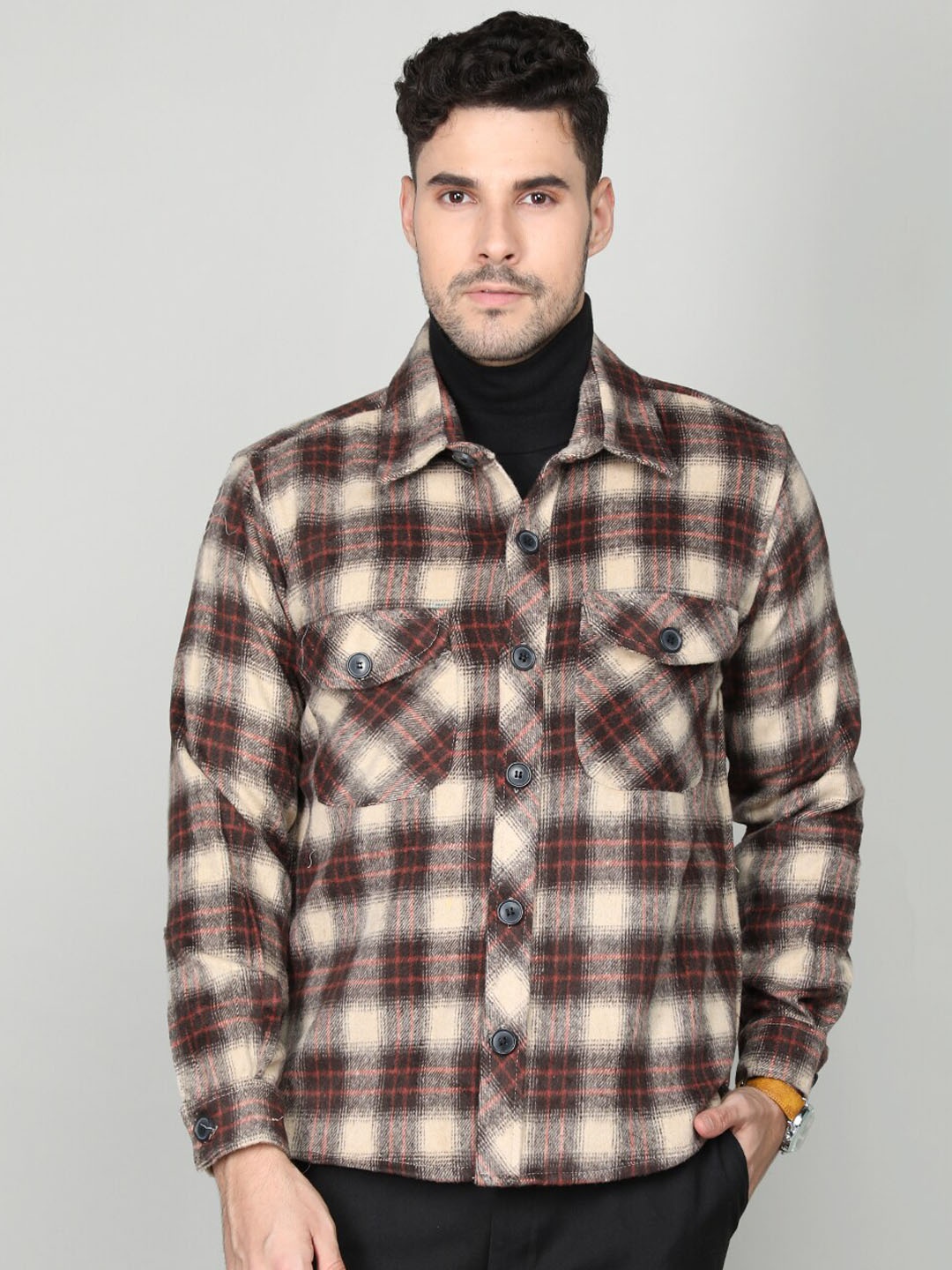 

Dlanxa Tartan Checks Spread Collar Shackets, Beige