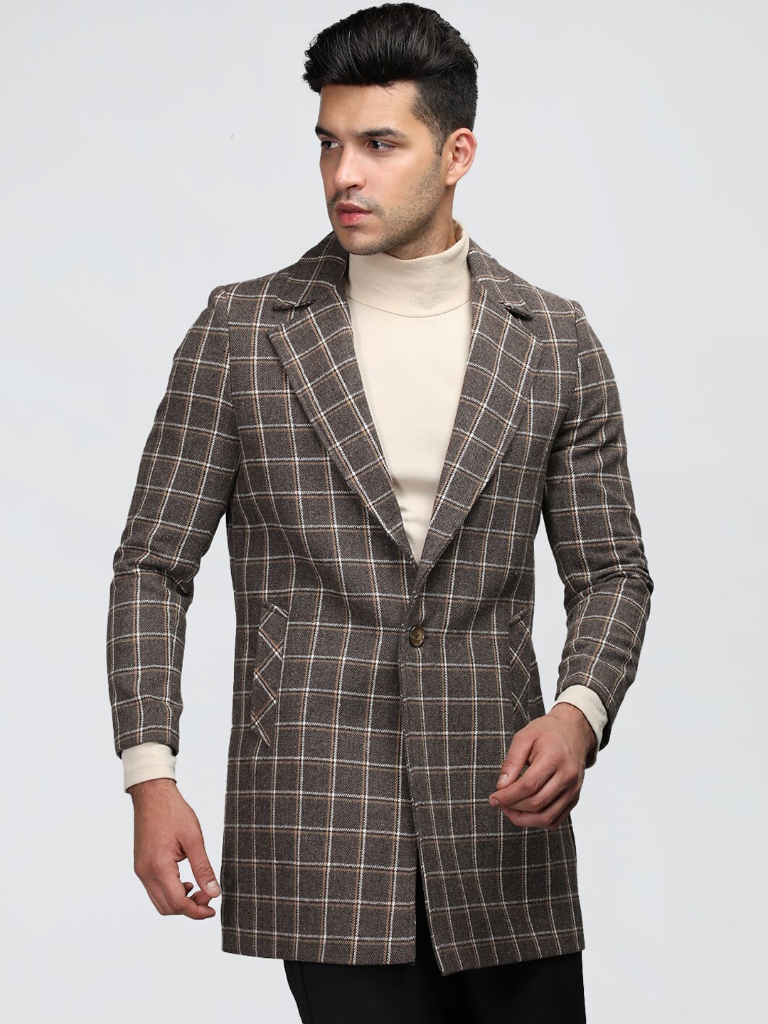 

Dlanxa Checked Single-Breasted Notched Lapel Overcoat, Brown