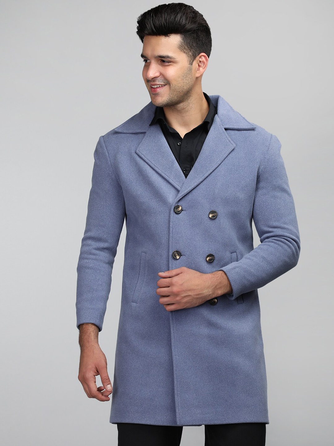 

Dlanxa Double-Breasted Notched Lapel Tweed Overcoat, Blue