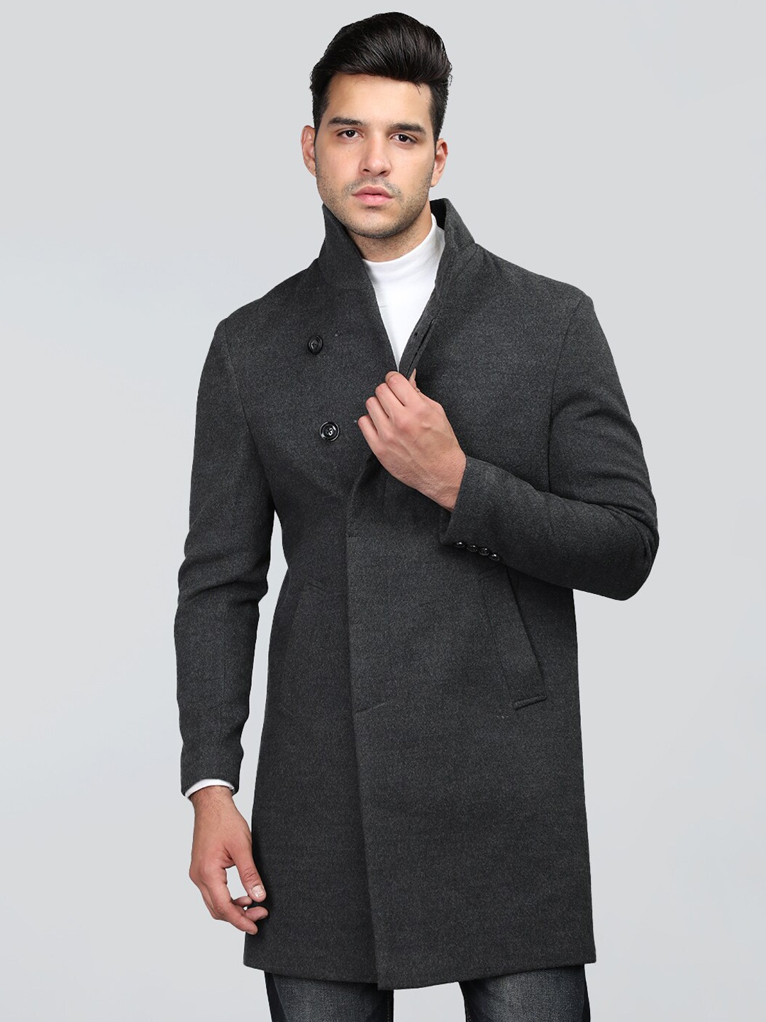 

Dlanxa Single-Breasted Mock Collar Overcoat, Grey