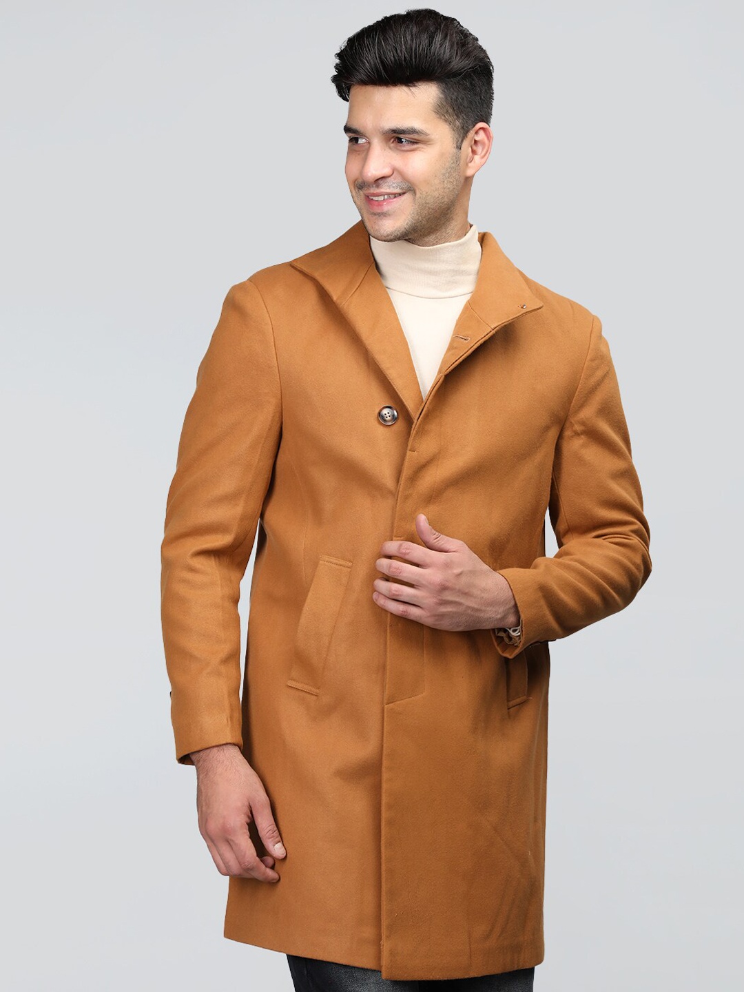 

Dlanxa Single Breasted Mock Collar Wollen Overcoat, Camel brown