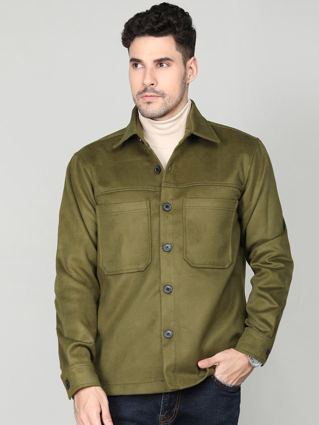 

Dlanxa Single-Breasted Shirt-Collar Overcoat, Green