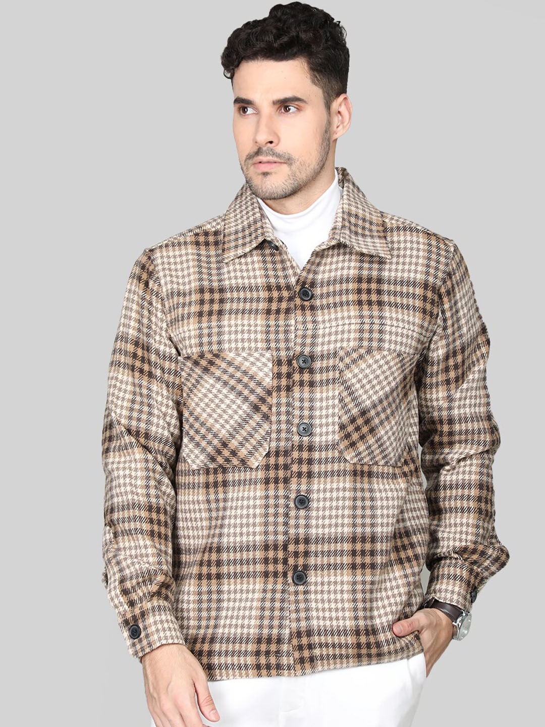 

Dlanxa Tartan Checks Spread Collar Shackets, Brown