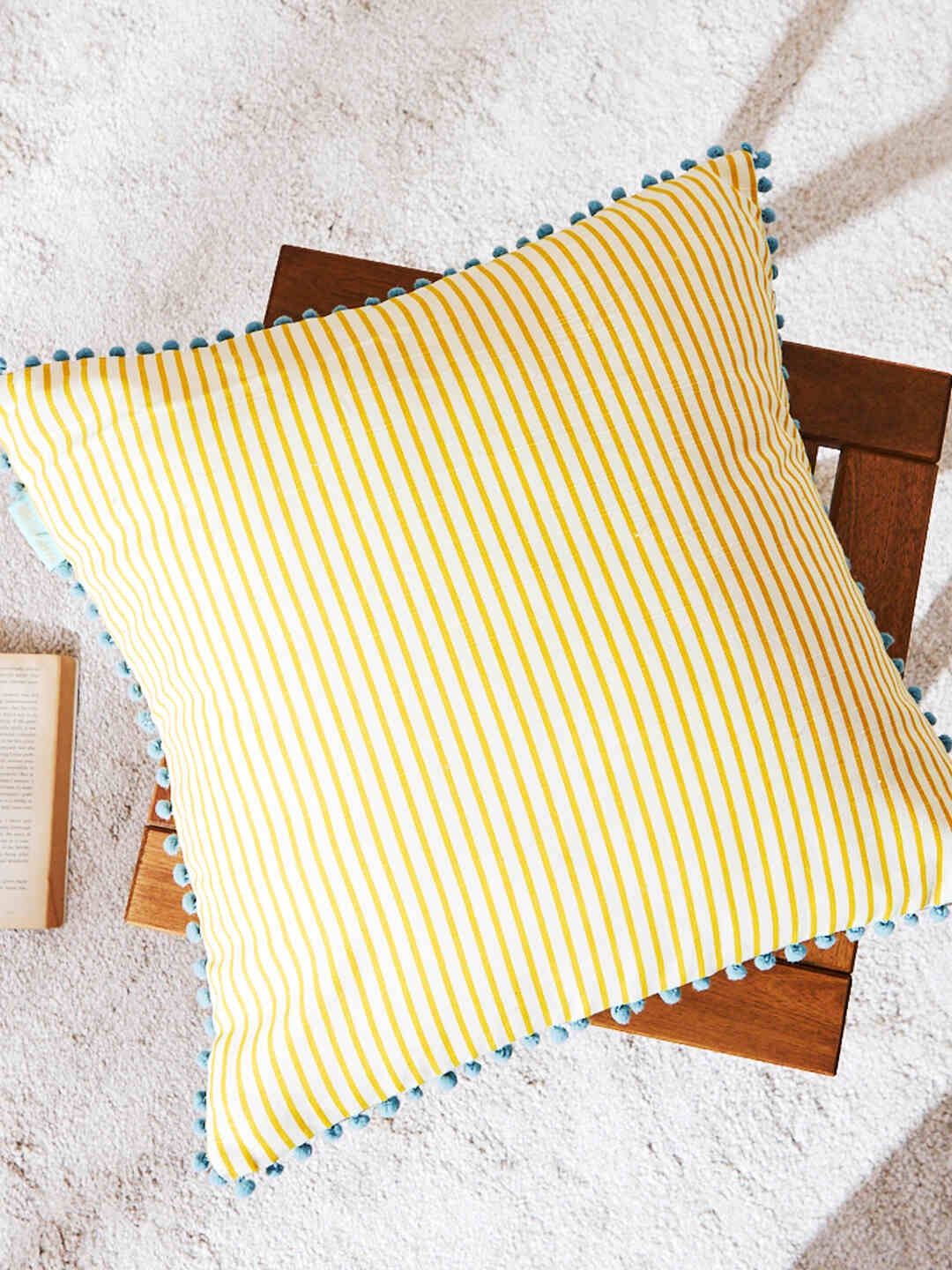 

Chumbak Yellow & White Striped Cotton Square Cushion Cover