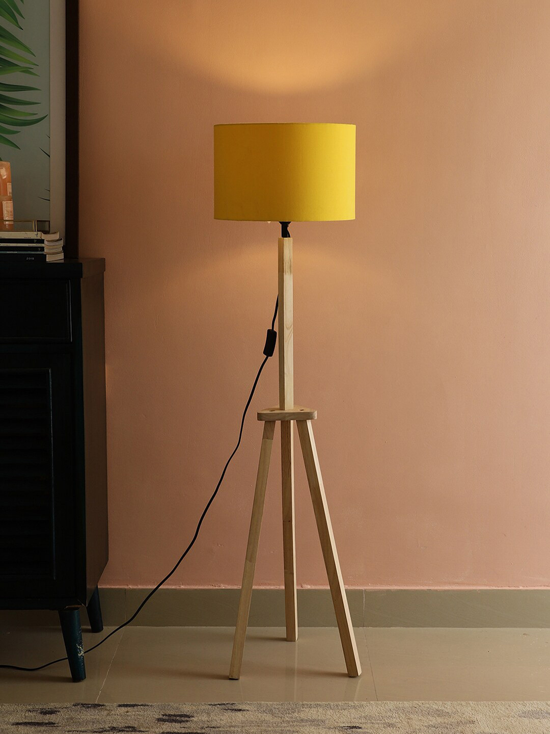 

SANDED EDGE Yellow & Beige Cylinder-Shape Wooden Floor Lamp