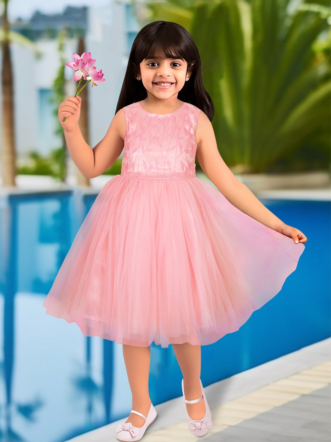 

Toonyport Girls Floral Embroidered Sequined Net Tulle Fit & Flare Dress, Pink