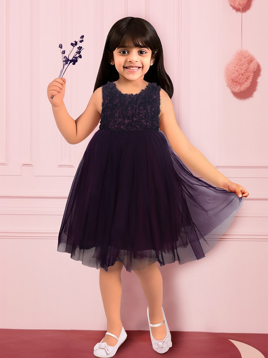 

Toonyport Girls Self Design Applique Net Tulle Fit & Flare Dress, Purple