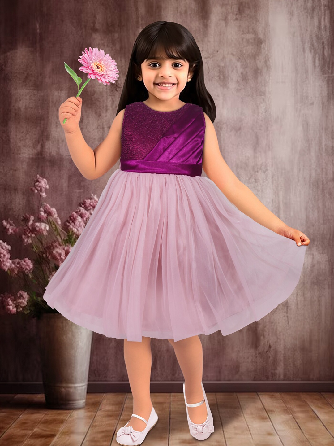 

Toonyport Girls Self Design Sequined & Pleated Net Tulle Fit & Flare Dress, Purple