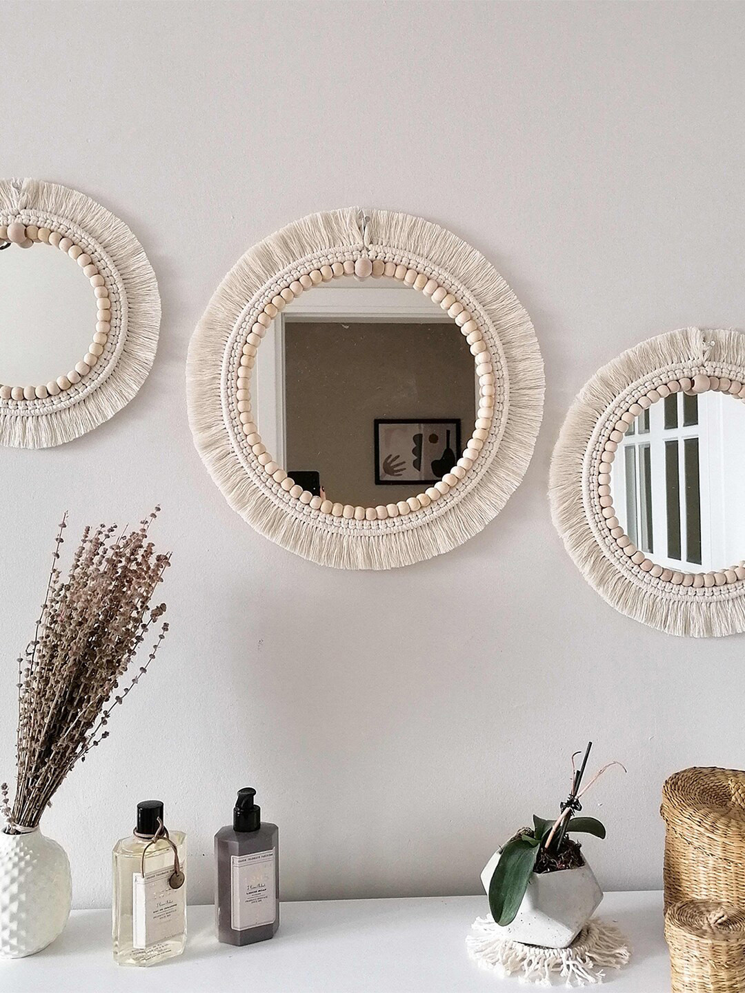 

Kaahira 3 Pcs Off White Round-Shape Boho Macrame Decor Wall Mirrors