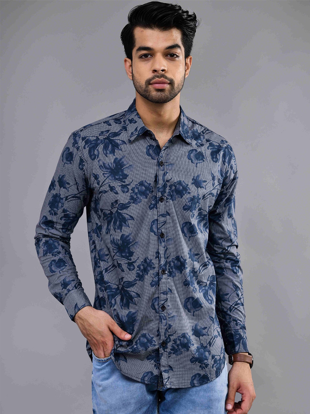 

DEZANO Modern Regular Fit Floral Printed Spread Collar Casual Shirt, Blue