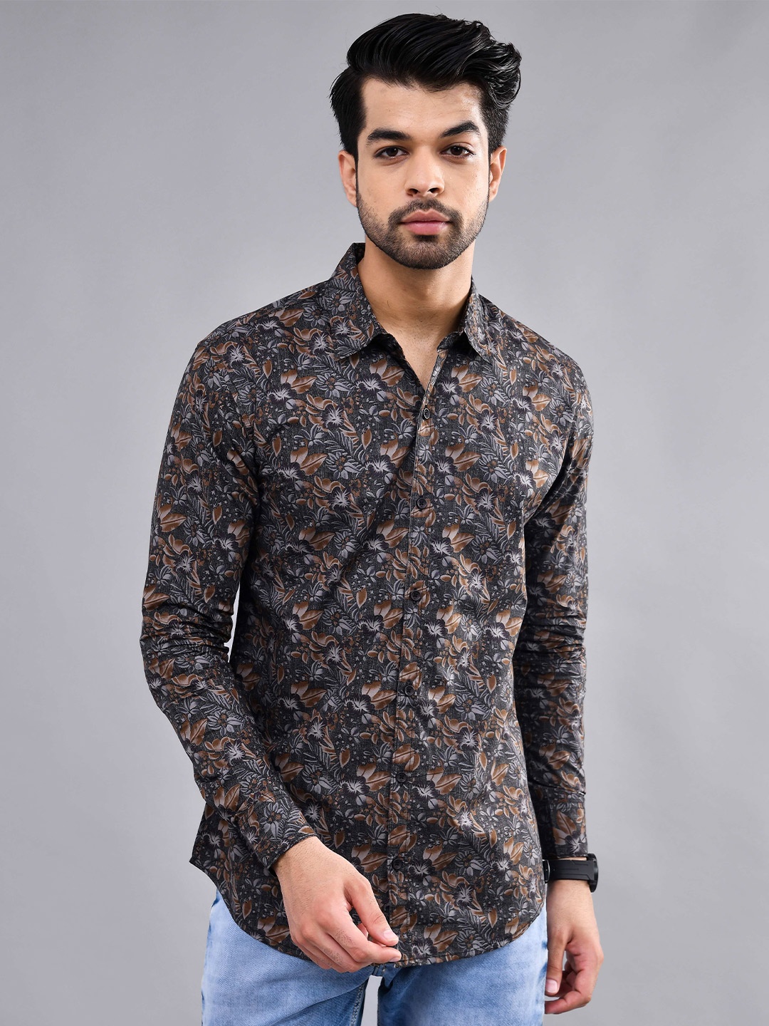 

DEZANO Modern Regular Fit Floral Printed Spread Collar Casual Shirt, Brown