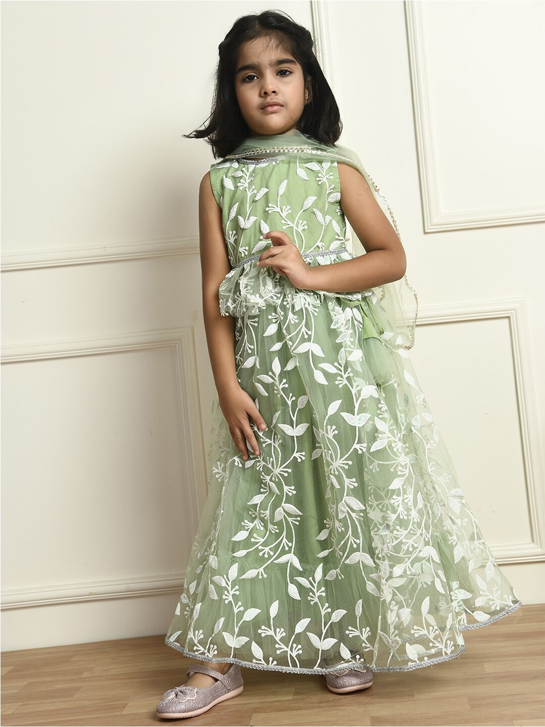 

Bella Moda Girls Embroidered Thread Work Ready to Wear Lehenga & Blouse With Dupatta, Green
