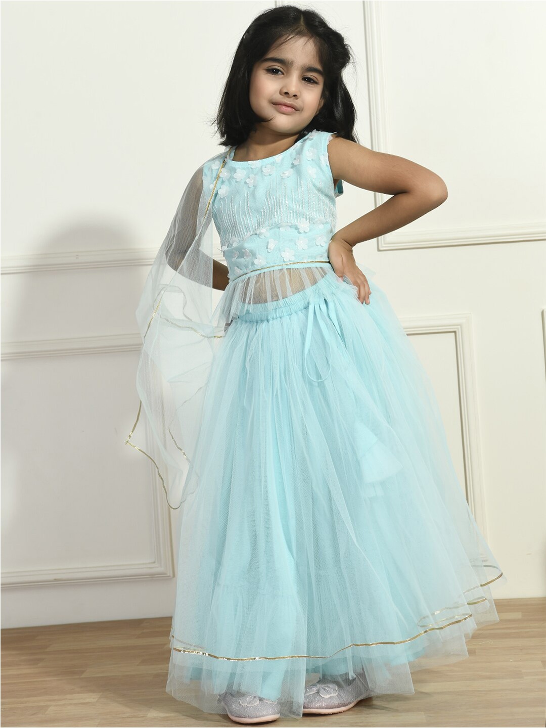 

Bella Moda Girls Embellished Ready to Wear Lehenga & Blouse With Dupatta, Blue