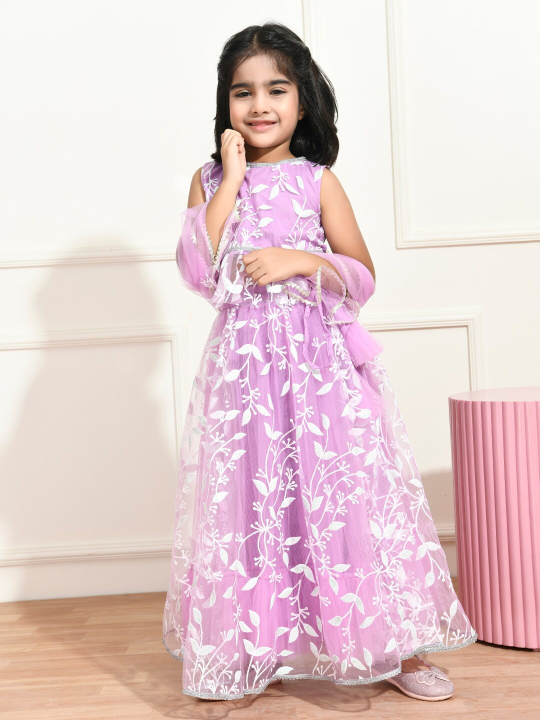 

Bella Moda Girls Embroidered Thread Work Ready to Wear Lehenga & Blouse With Dupatta, Violet