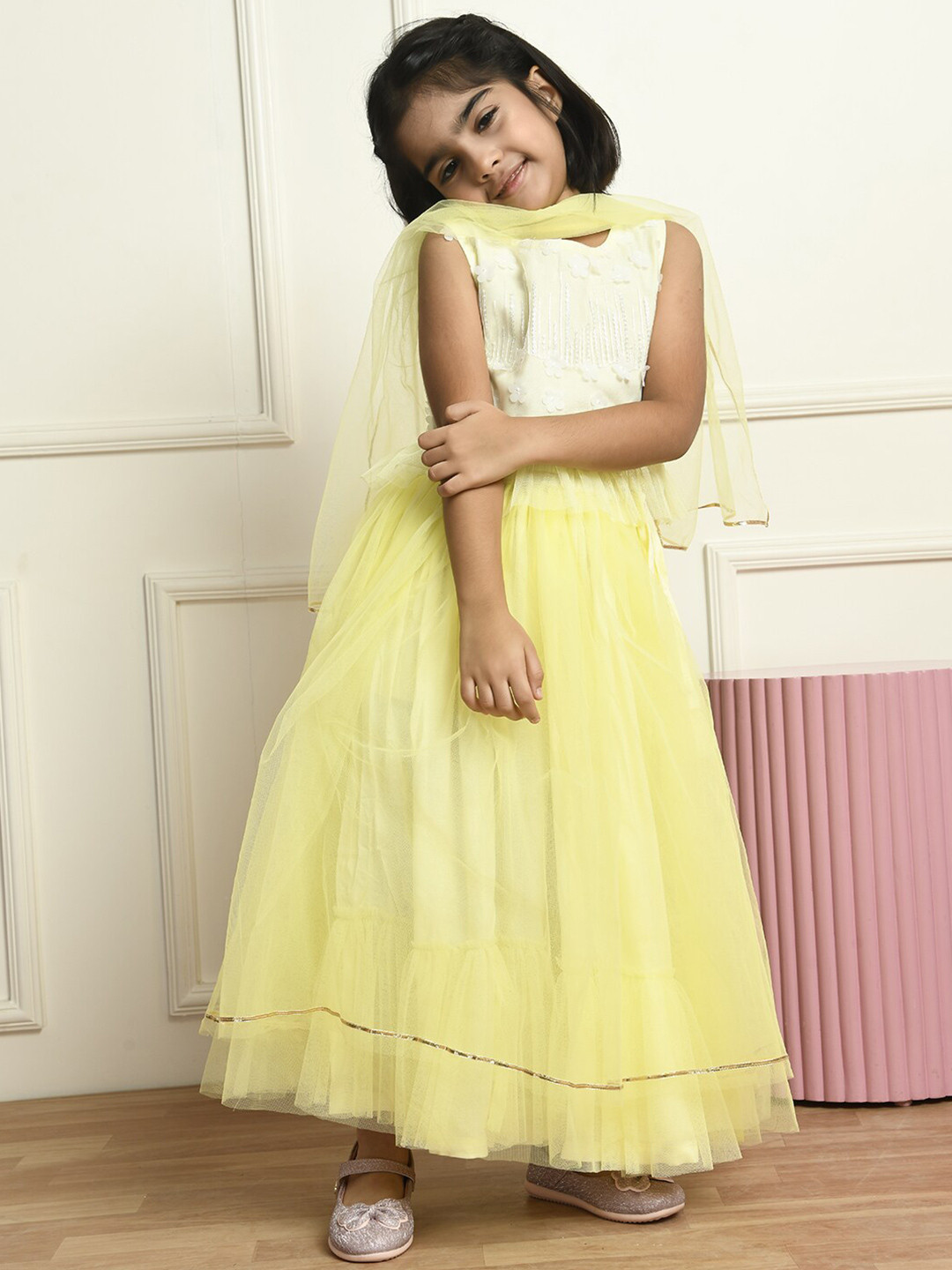 

Bella Moda Girls Embroidered Sequinned Ready to Wear Lehenga & Blouse With Dupatta, Yellow