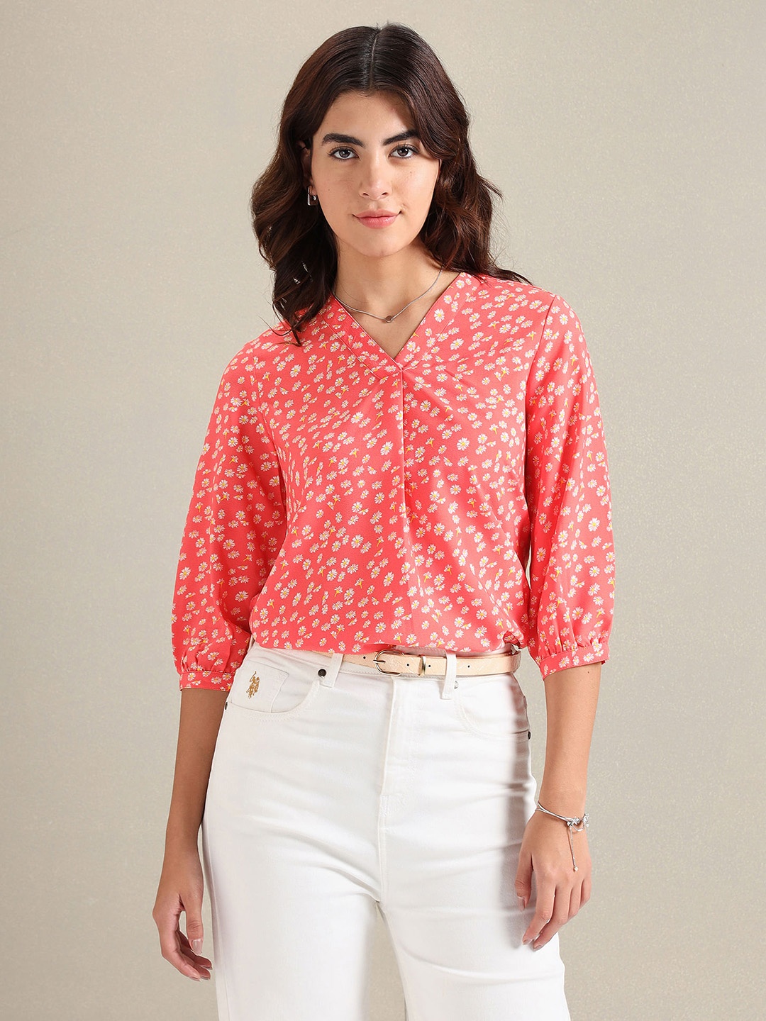 

U.S. Polo Assn. Women Floral Printed V-Neck Puff Sleeves Casual Top, Peach