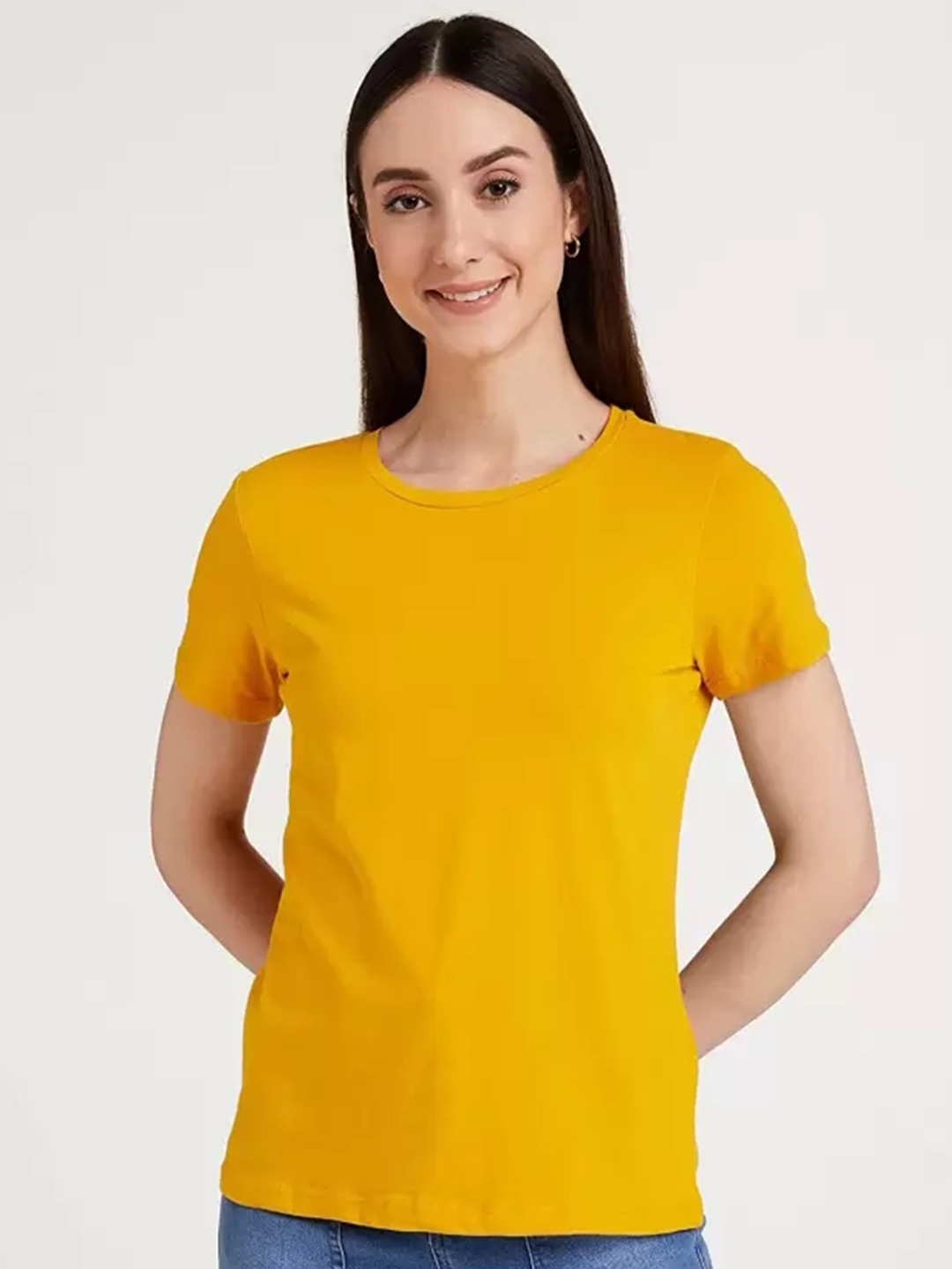 

COLOR CAPITAL Round Neck Cotton T-shirt, Mustard