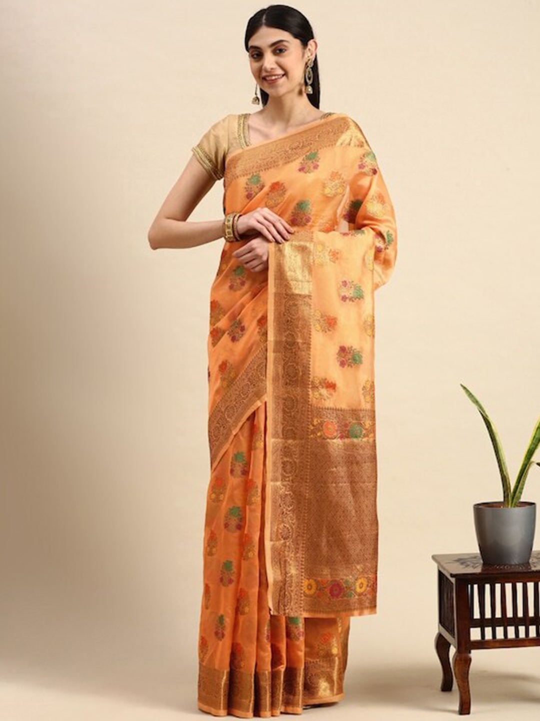 

Nimayaa Floral Woven Design Zari Organza Saree, Orange