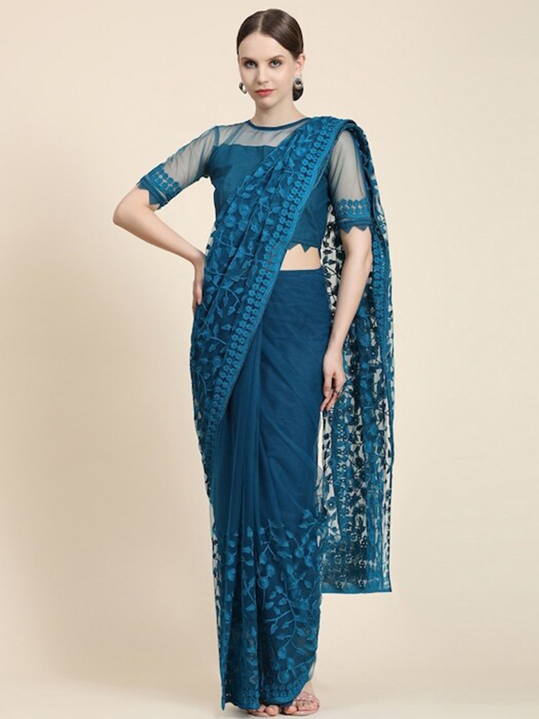 

Nimayaa Floral Embroidered Net Saree, Blue