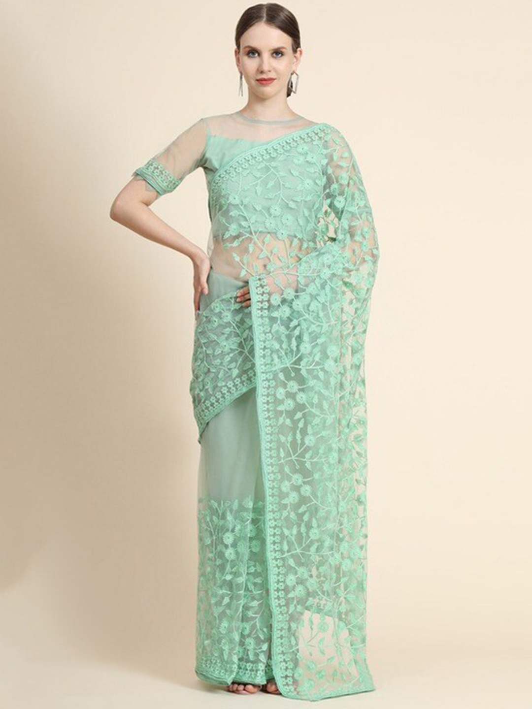 

Nimayaa Floral Embroidered Net Saree, Sea green