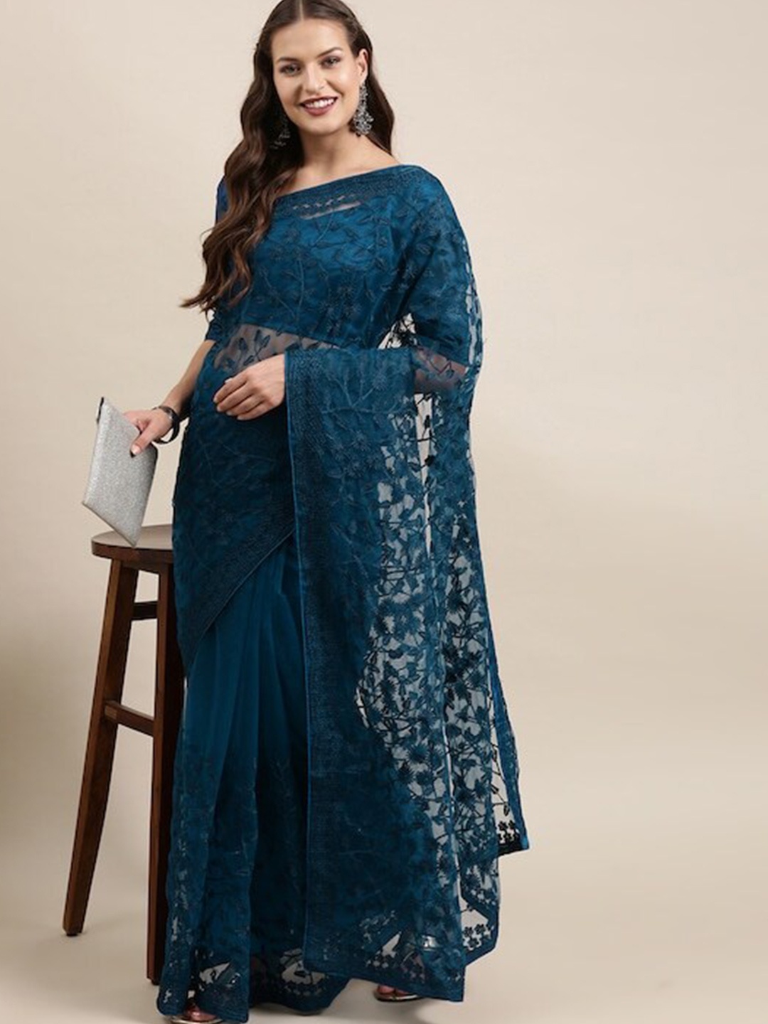 

Nimayaa Floral Embroidered Net Saree, Blue