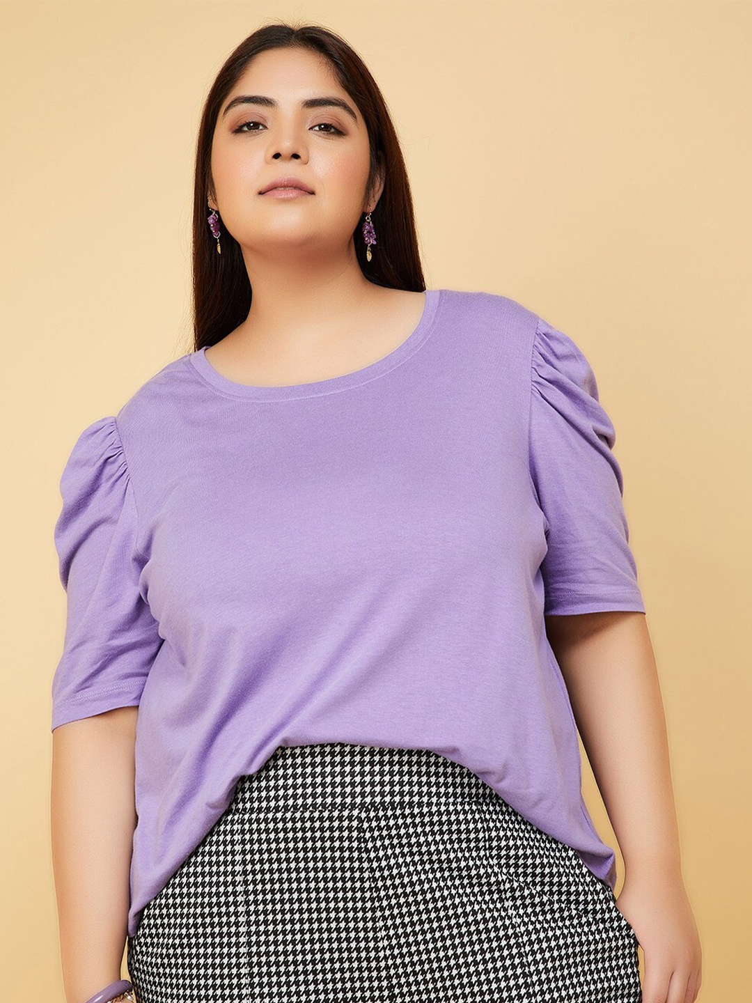 

max Round Neck Puff Sleeves Pure Cotton T-shirt, Violet
