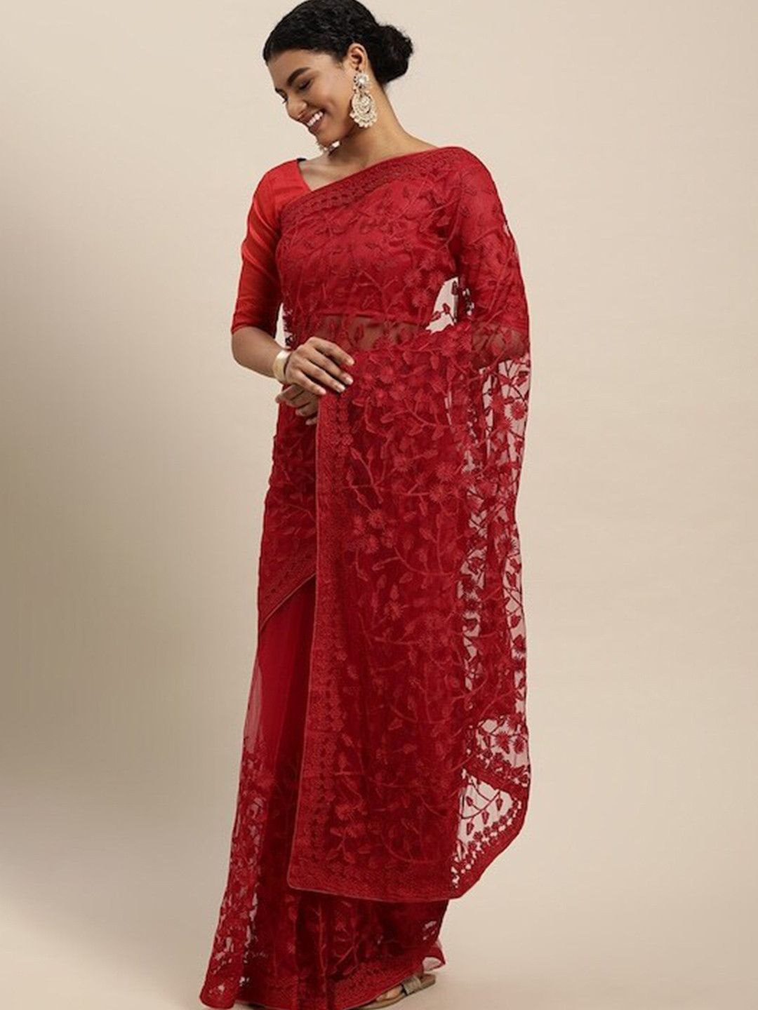 

all about you Maroon Floral Embroidered Net Saree