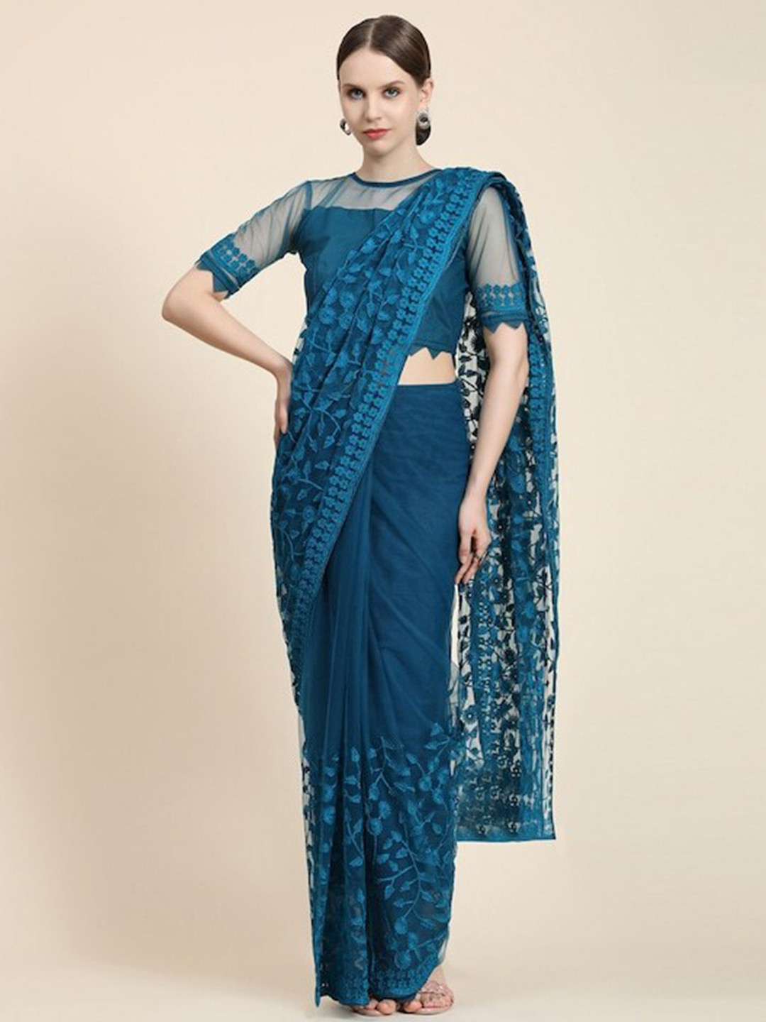

all about you Blue Floral Embroidered Net Saree