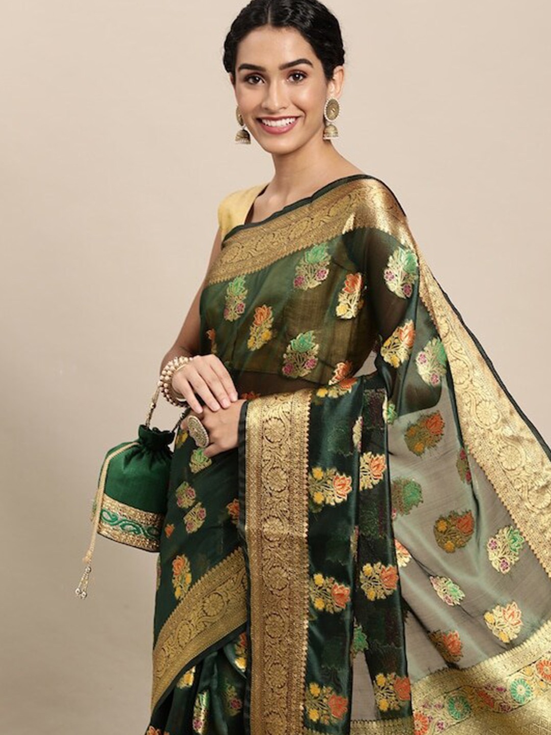 

all about you Green Floral Woven Design Zari Organza Saree