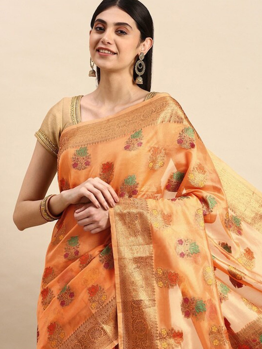 

all about you Orange Floral Woven Design Zari Organza Saree