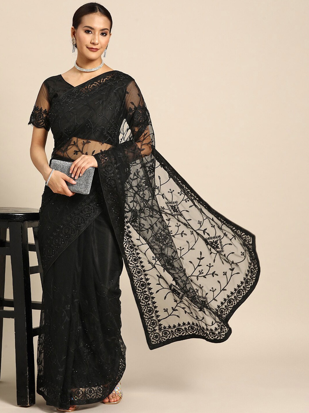 

all about you Black Floral Embroidered Net Saree