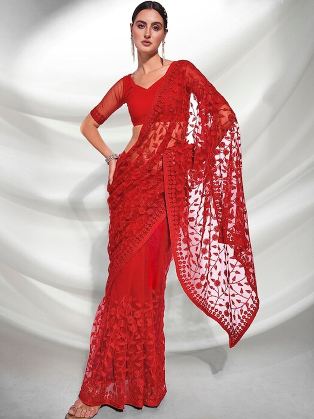 

all about you Red Floral Embroidered Net Saree