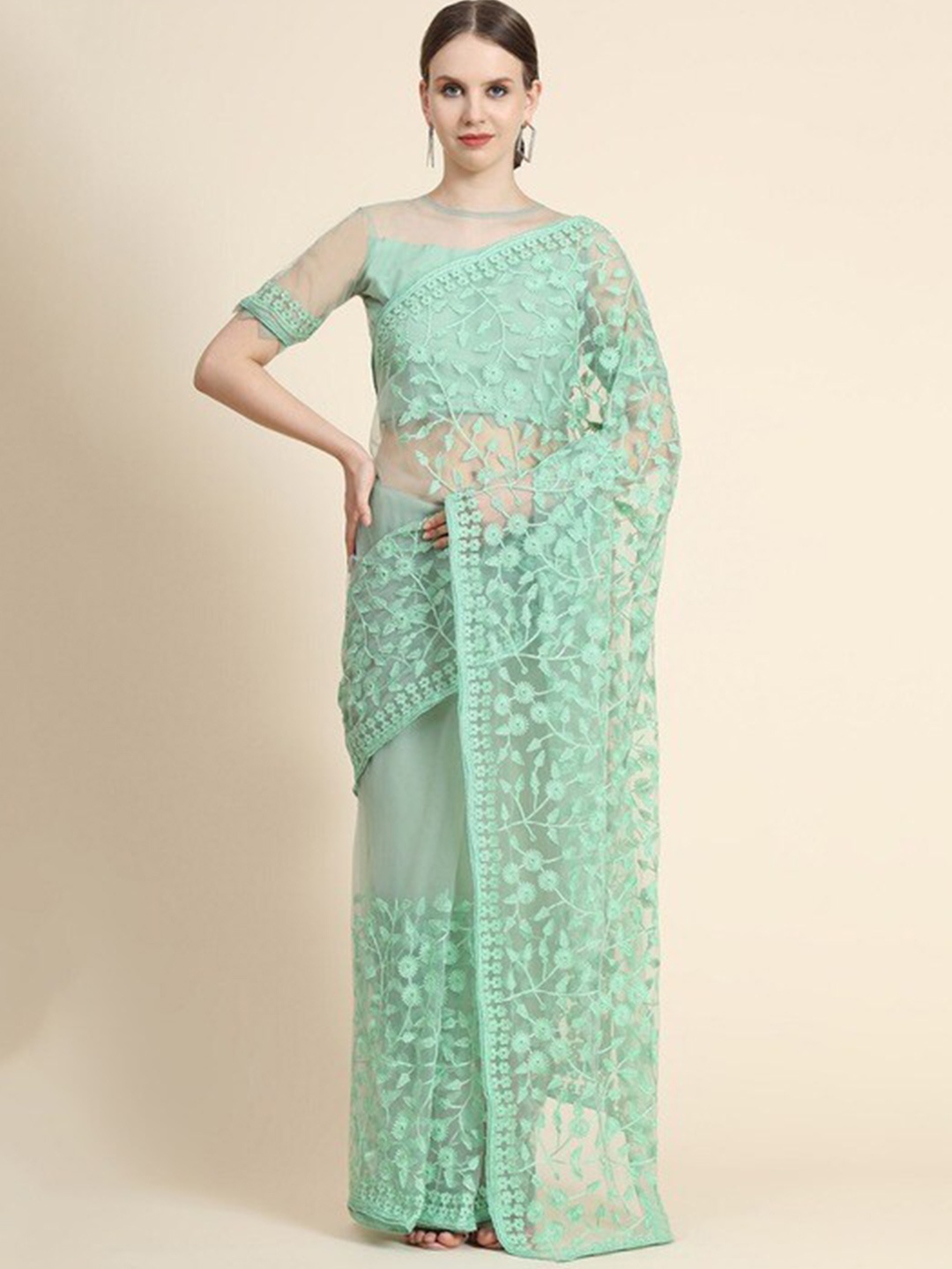 

all about you Floral Embroidered Net Saree, Green