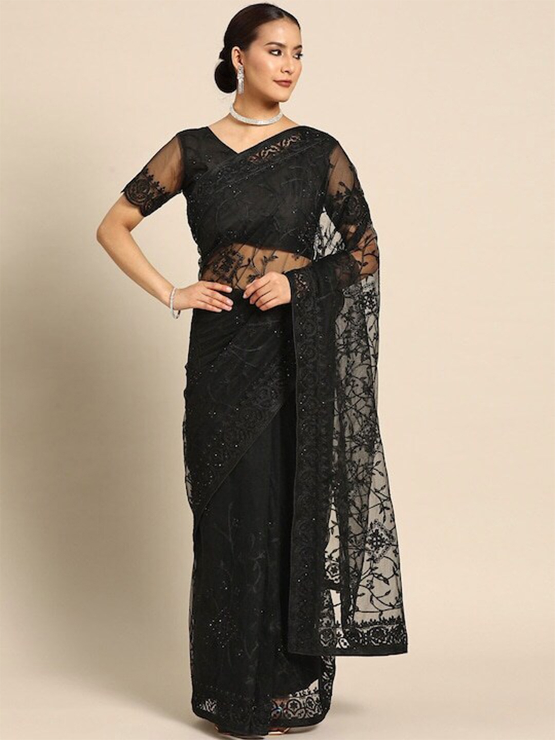 

Mitera Floral Embroidered Net Saree, Black
