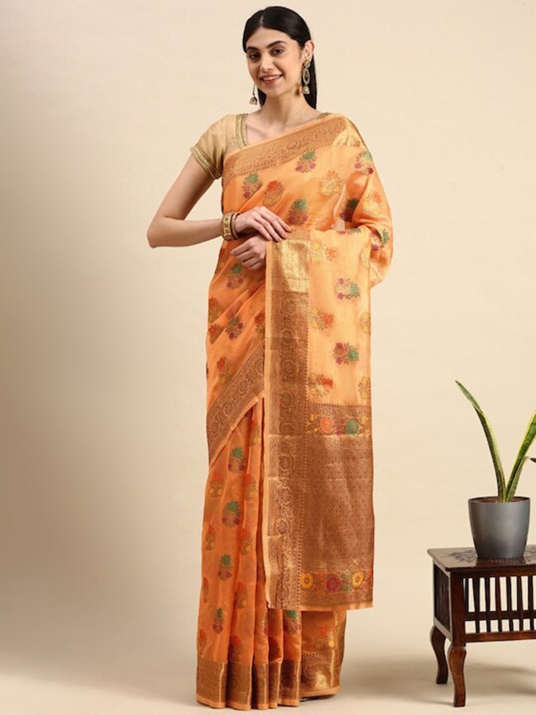 

Mitera Ethnic Woven Design Zari Organza Saree, Orange