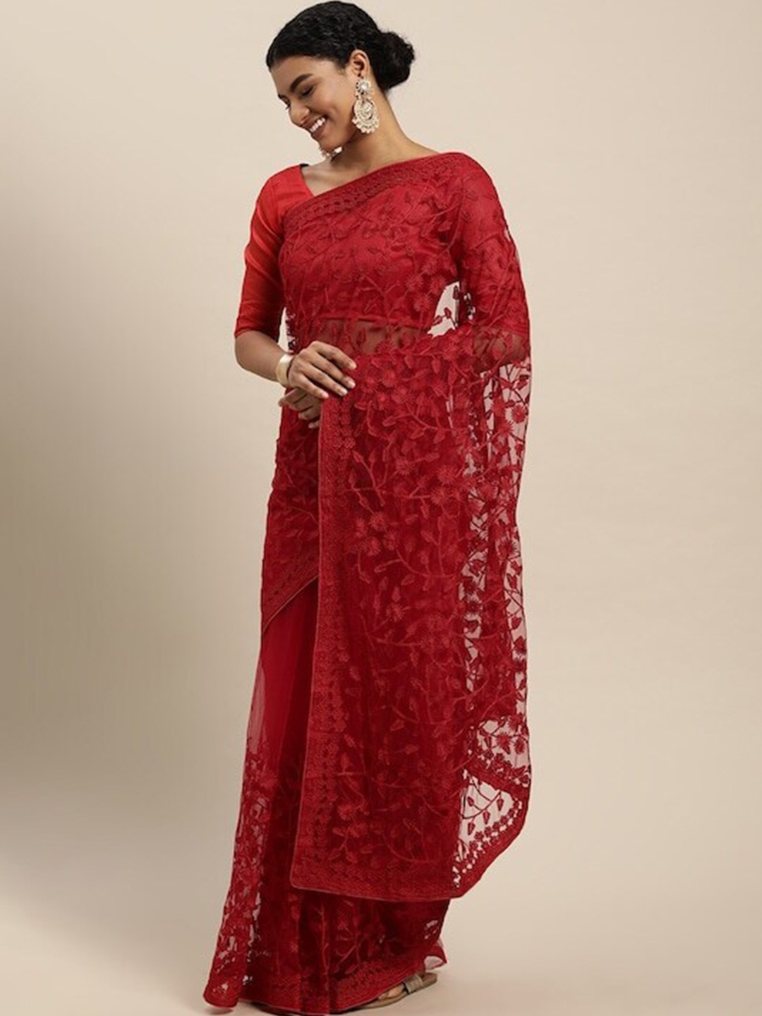 

Mitera Floral Embroidered Net Saree, Maroon