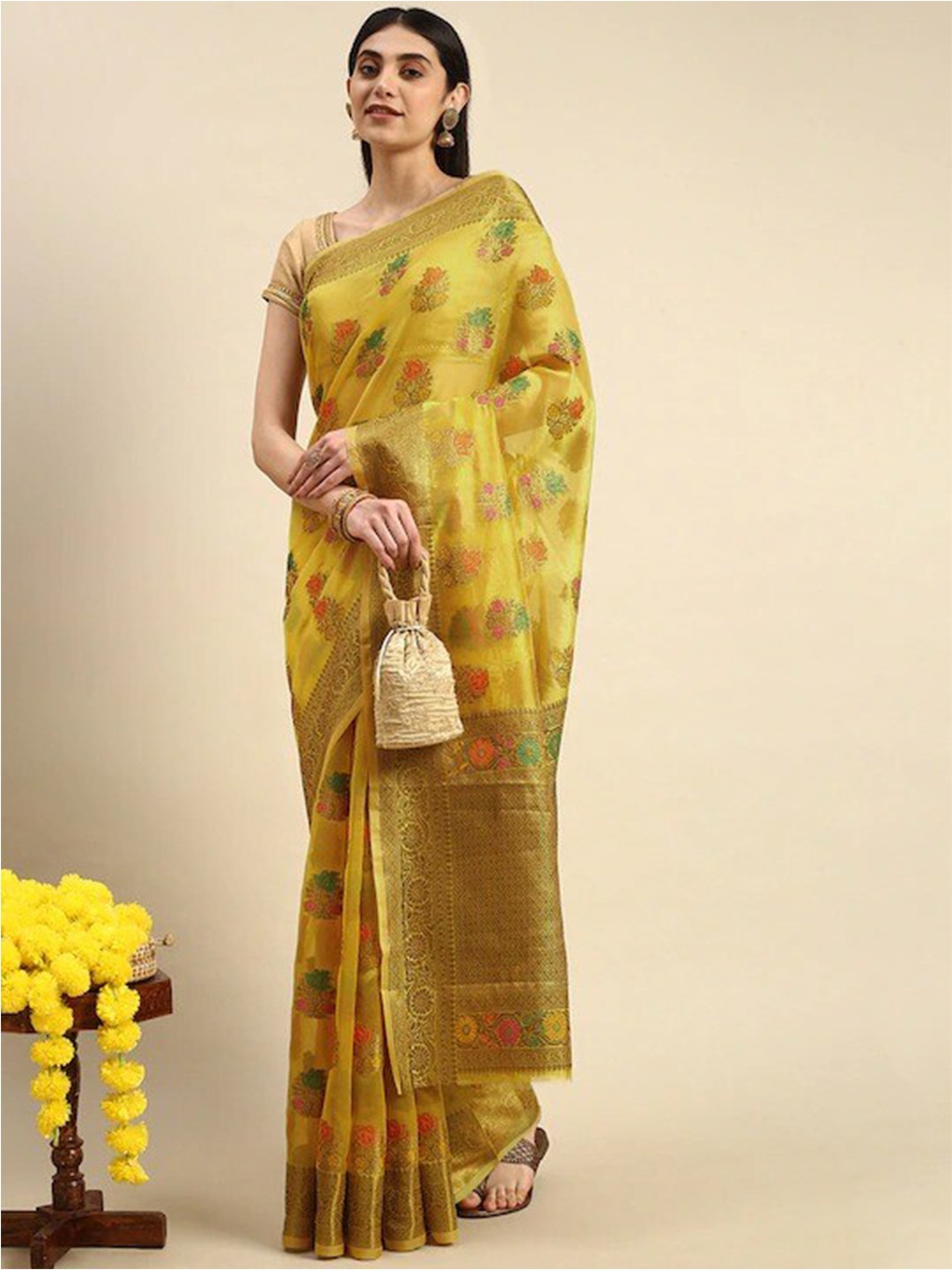 

Mitera Ethnic Motifs Woven Design Zari Organza Saree, Mustard
