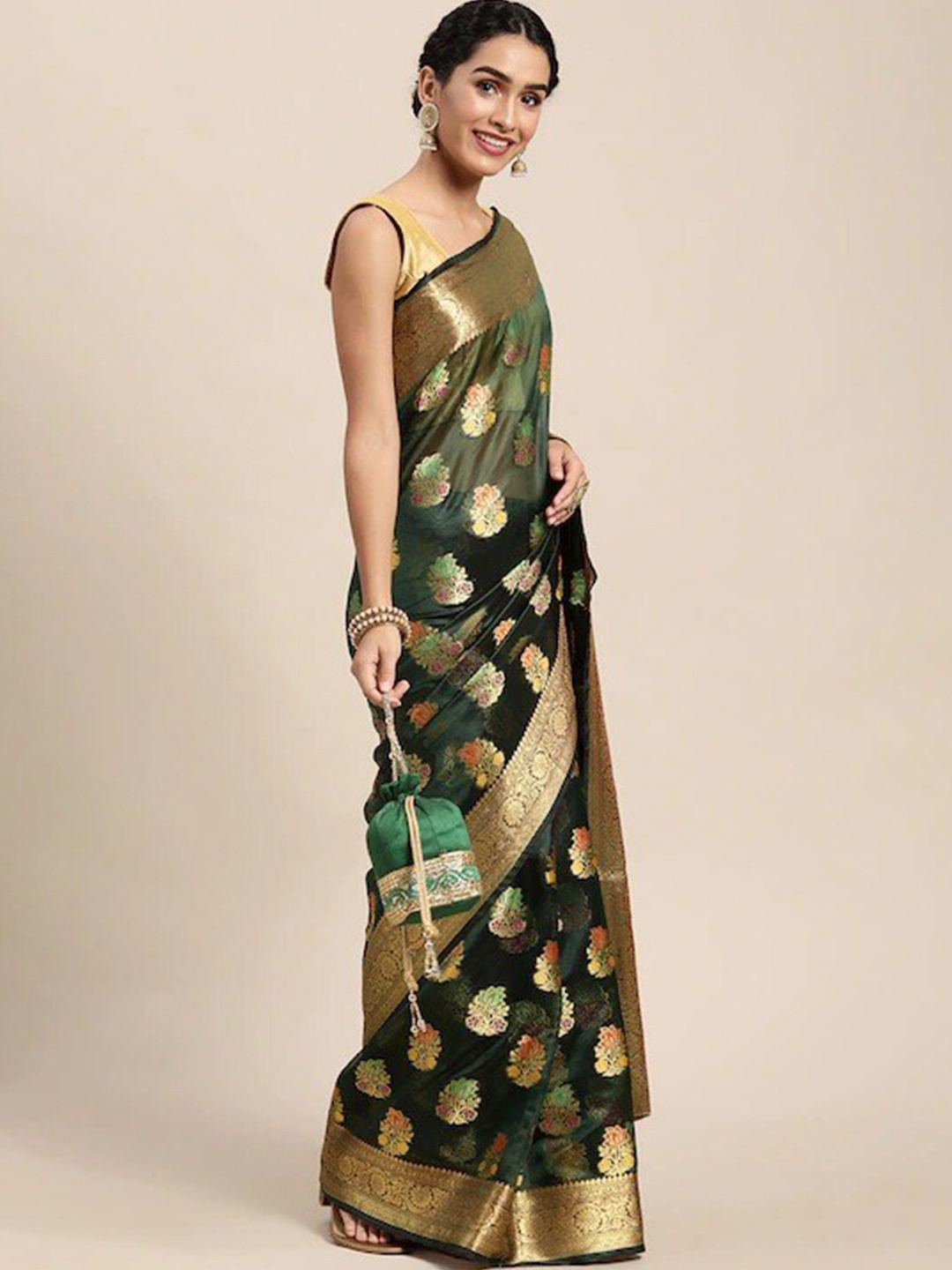 

Mitera Ethnic Motifs Woven Design Zari Organza Saree, Green
