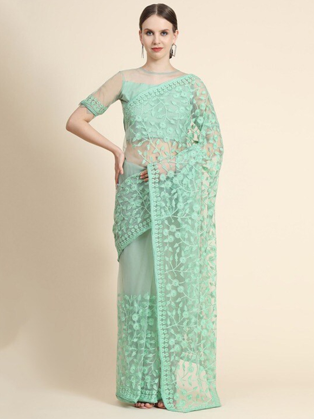 

Mitera Floral Embroidered Net Saree, Green