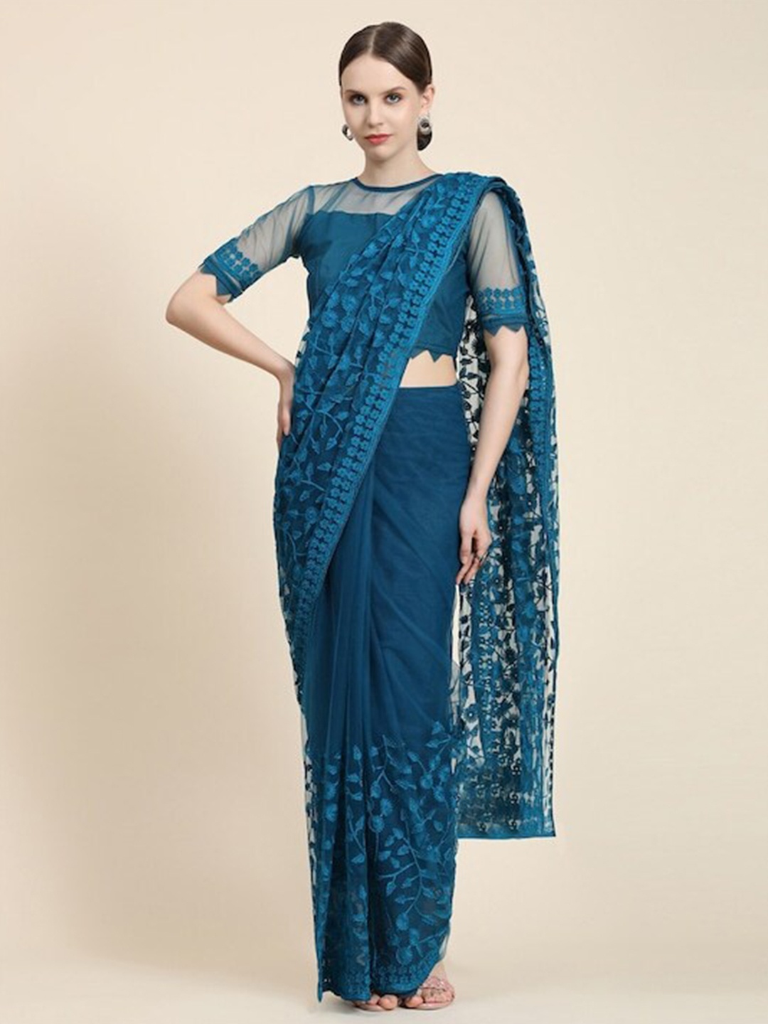 

Mitera Blue Floral Embroidered Net Saree